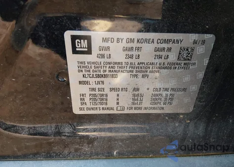 2019 Chevrolet Trax Lt from USA, damaged, VIN KL7CJLSB0KB911833